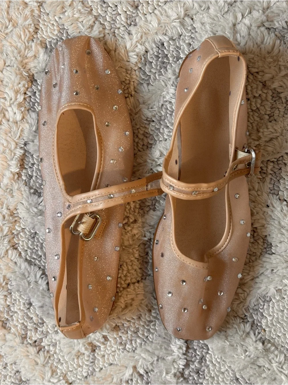 Ballet Nude Mesh Mary Jane Flats with Rhinestone Accents